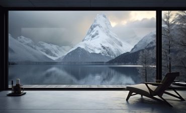view of the lake,  room with furniture, luxury hotel room, interior of a house, living room. mountain and lake view